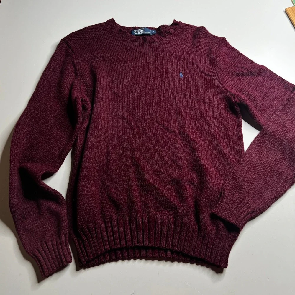 Polo Ralph Lauren‎ Mens Large Burgundy Maroon 100% Cotton Crewneck Knit Sweater